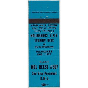 Vintage Matchbook Cover RMS 1979 Milwaukee Mel Reese Convention Election Blue